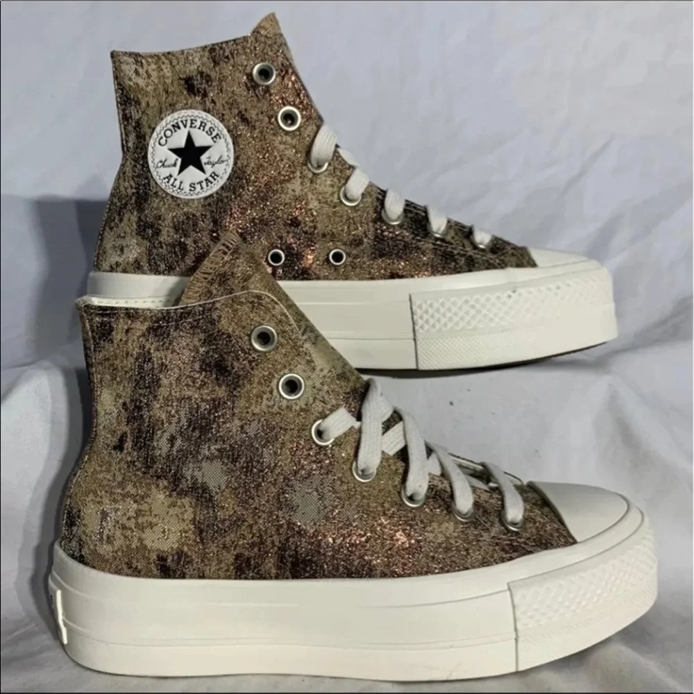Converse CTAS High Top Lift Platform Shoes in Crushed Gold and White